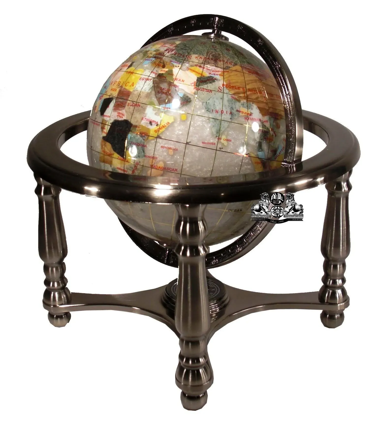 Unique Art Since 1996 10" Tall Crashed Pearl Powder Ocean Table Top Gemstone Globe with 4-Leg Silver Stand