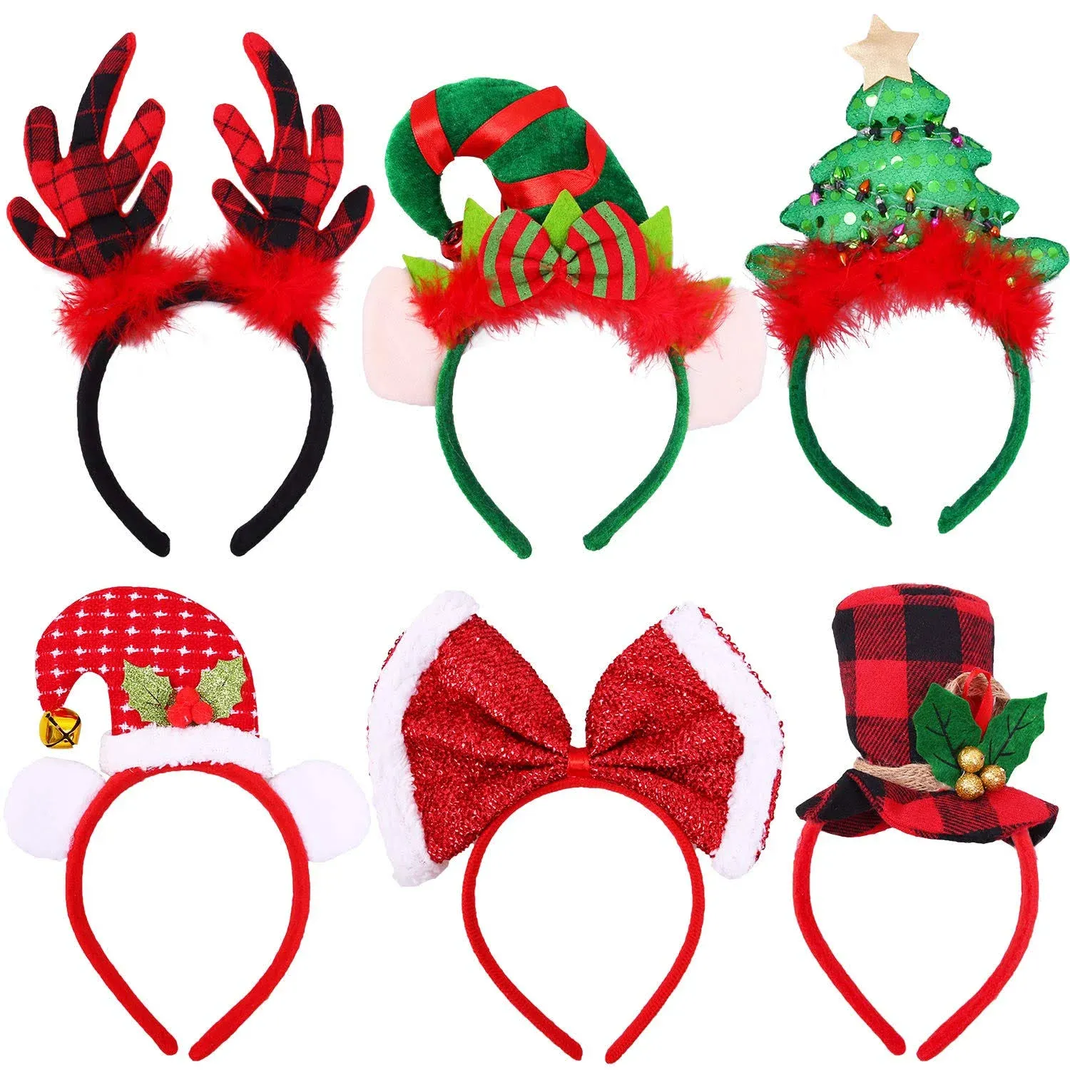 Ruisita 6 Pack Buffalo Plaid Reindeer Headbands