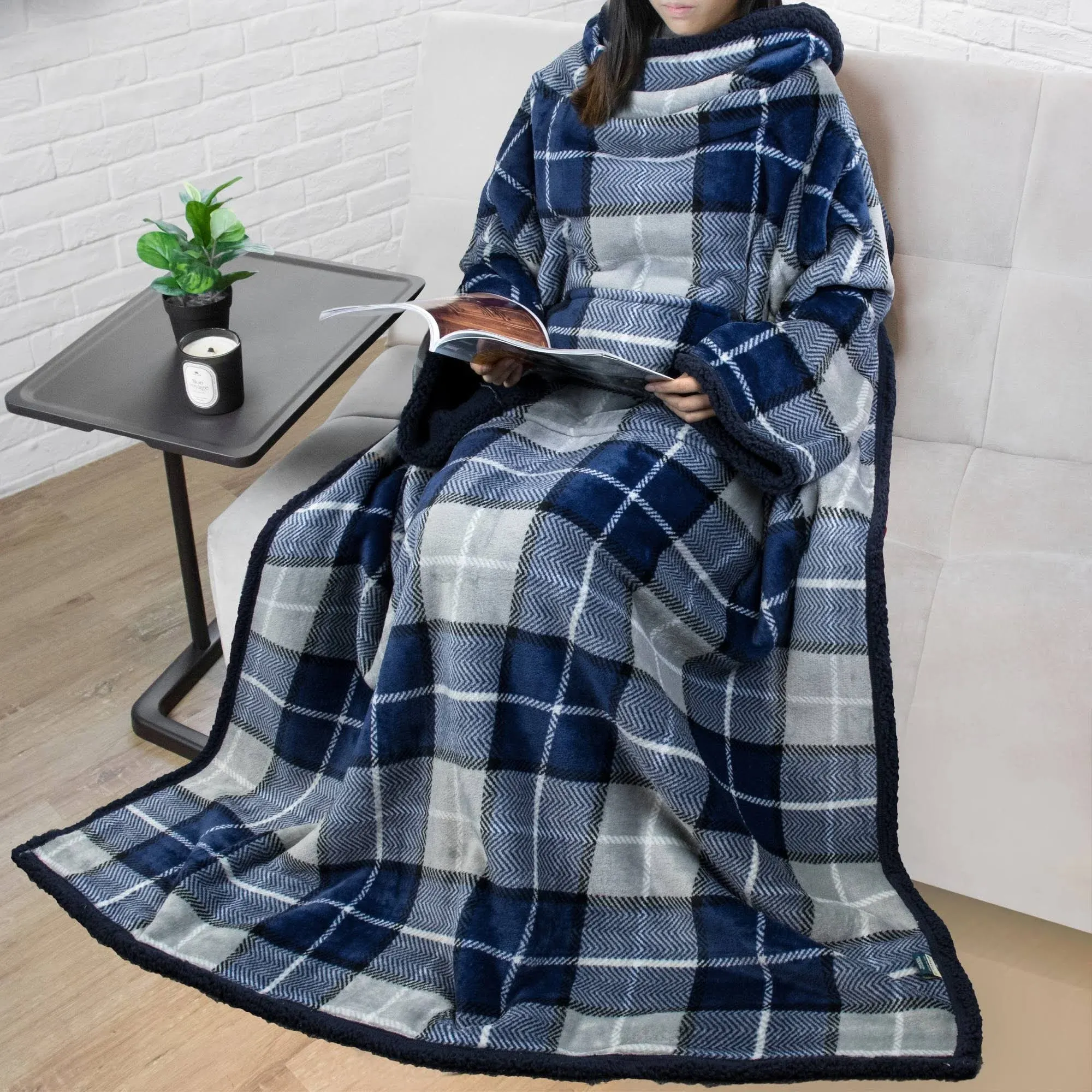 PAVILIA Wearable Blanket with Sleeves for Women Men Adults, Warm Soft Plush Snuggle Pocket Sleeved TV Throw, Plaid Navy/Fleece