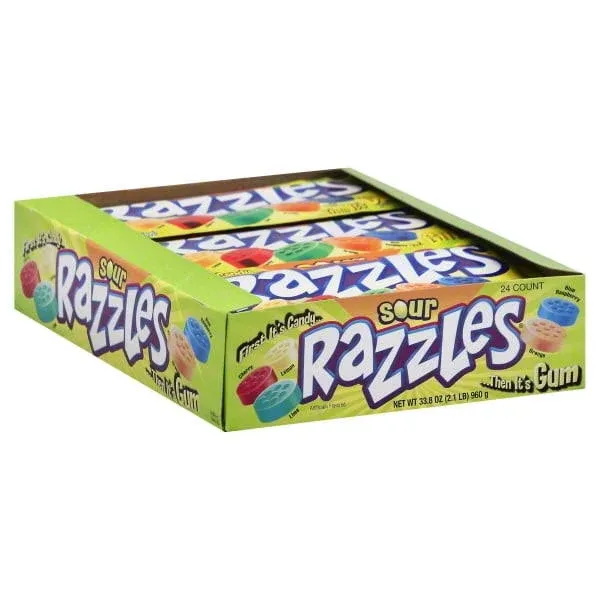 Sour Razzles Candy/Gum, Box of 24 1.4-Ounce Bags