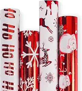 RUSPEPA Christmas Wrapping Paper-Red and White Paper with A Metallic Foil Shine-Christmas Elements Collection-4 Roll-30Inch x 10Feet per Roll