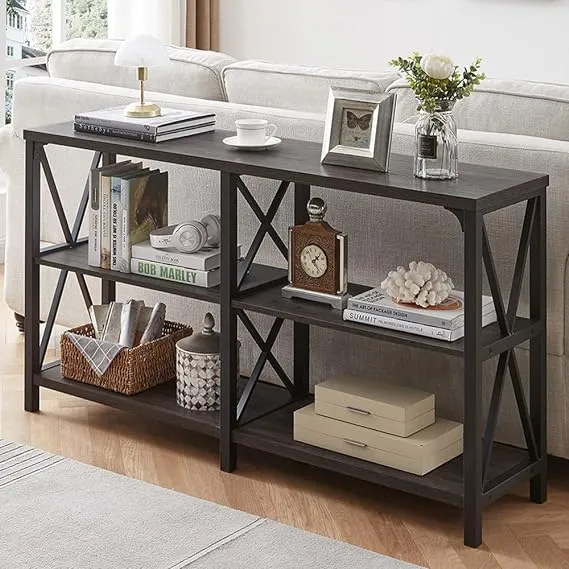 LVB Industrial Console Table, Rustic Wood and Metal Sofa Table, Hallway Entry Table for Home Living Room, Foyer Accent Entryway Table with Storage Shelf, Dark Gray Oak, 47 Inch