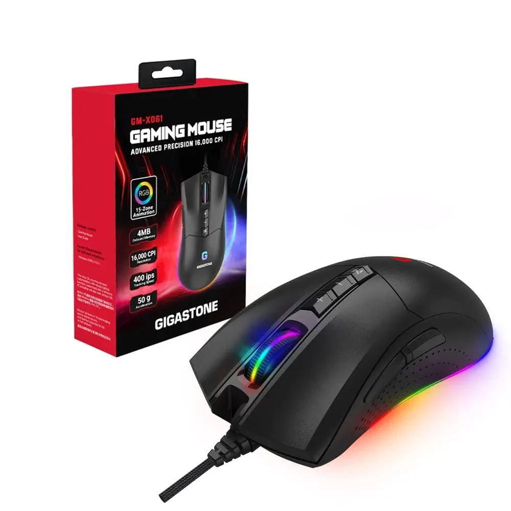 Gigastone Gaming Mouse, Wired, Optical, 10 Buttons, 16000 DPI, RGB Backlight, 4MB Onboard Memory, Ambidextrous, Black