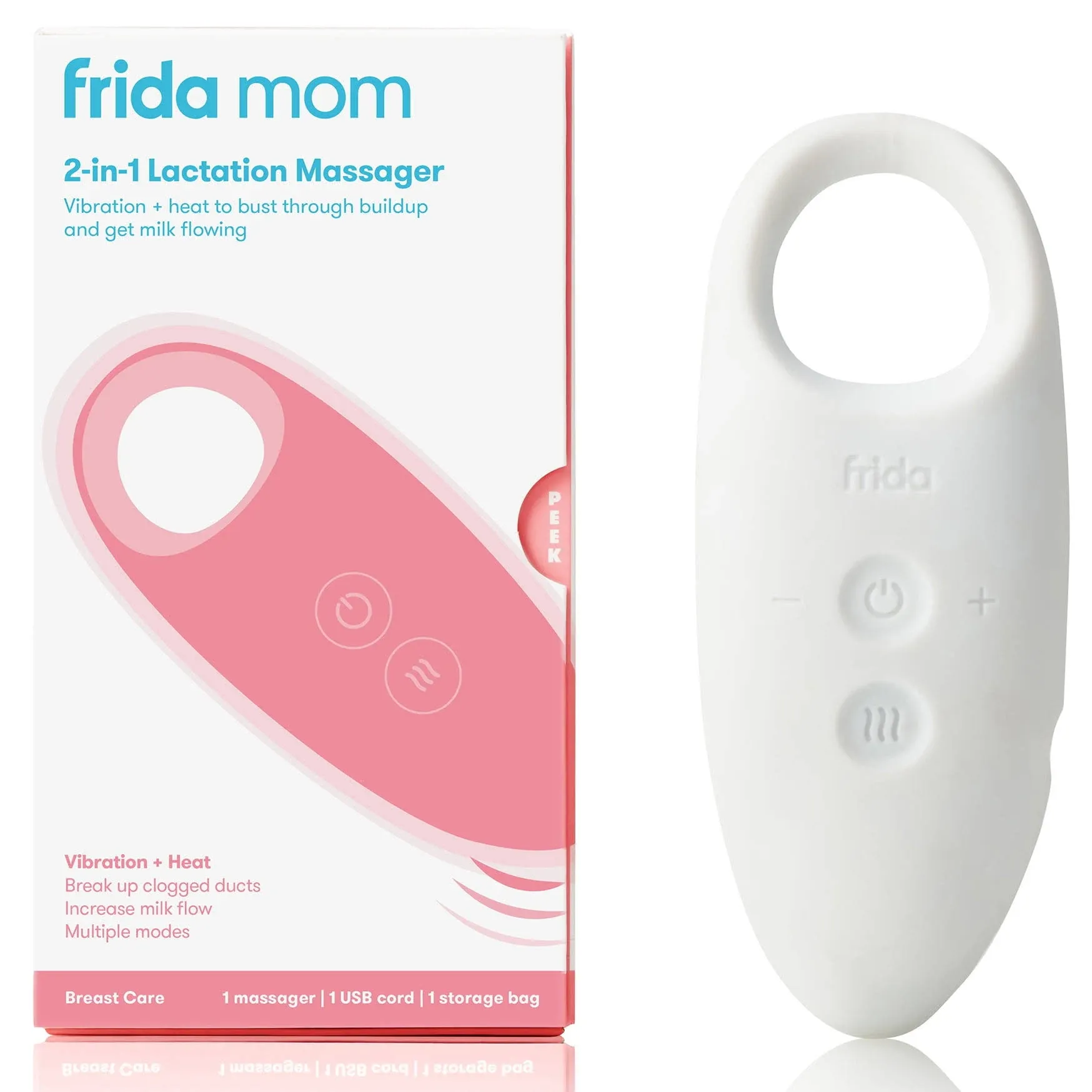 Frida Mom 2-in-1 Lactation Massager, Multiple Modes of Heat + Vibration for Clogged Milk Ducts, Increase Milk Flow, Breast Engorgement - USB Cord Included, White