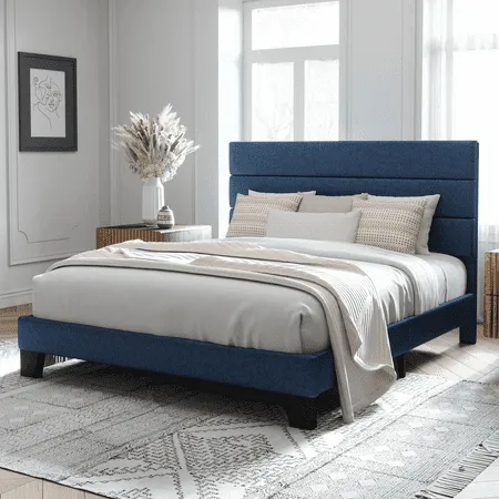 Allewie Size Platform Bed Frame with Fabric Upholstered Headboard and Wooden Slats Support