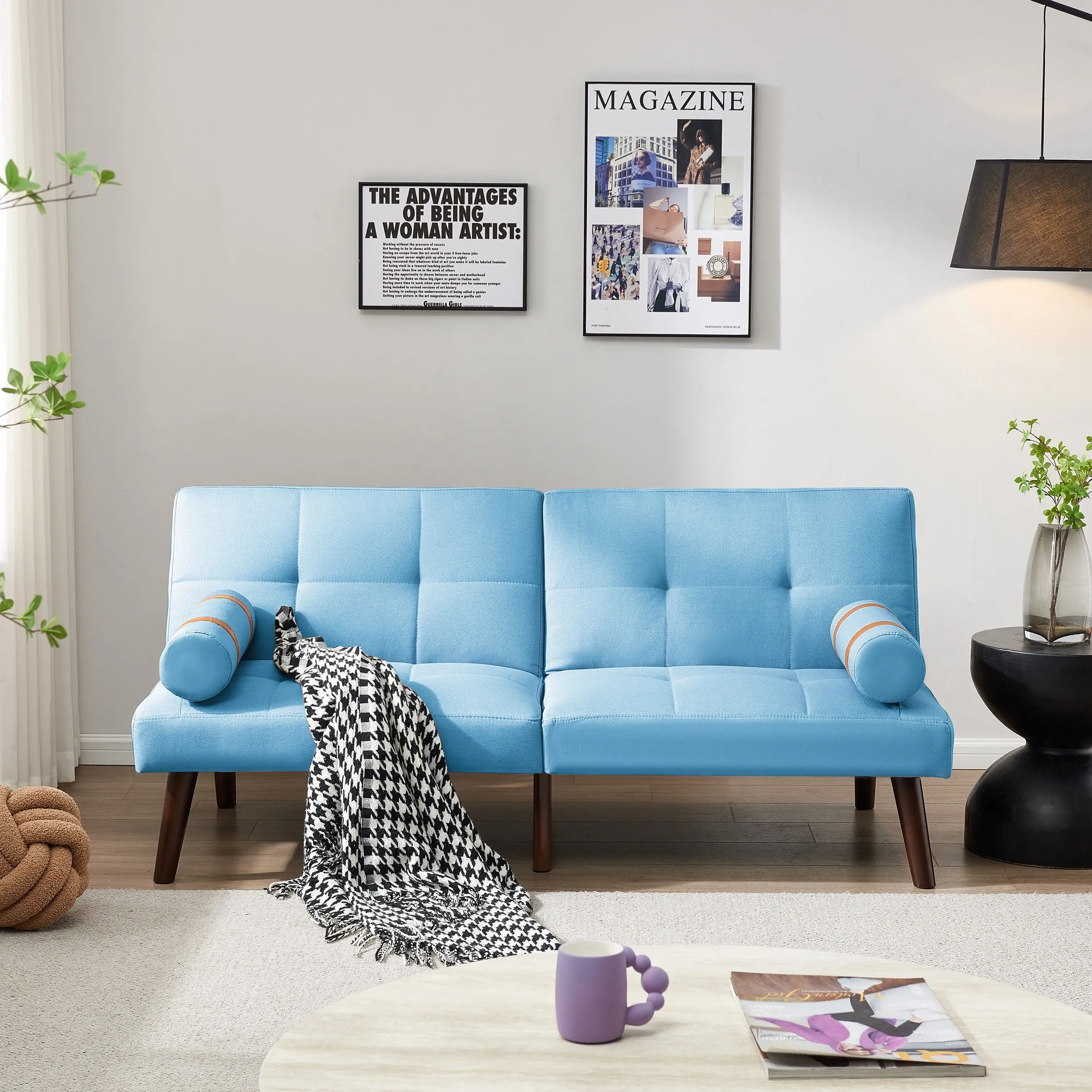 Linen Fabric Sleeper Sofa Bed Convertible Futon Couch Bed with Removble Arms and Adjsutable Back for Living Room, Blue