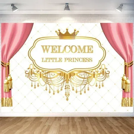 8x6ft Royal Princess Baby Shower Backdrop Welcome Little Princess Birthday Party Photography Backdrop Pink Curtain Golden Crown Background Baby Little Girls Shower Decorations (Pink, 8x6ft)