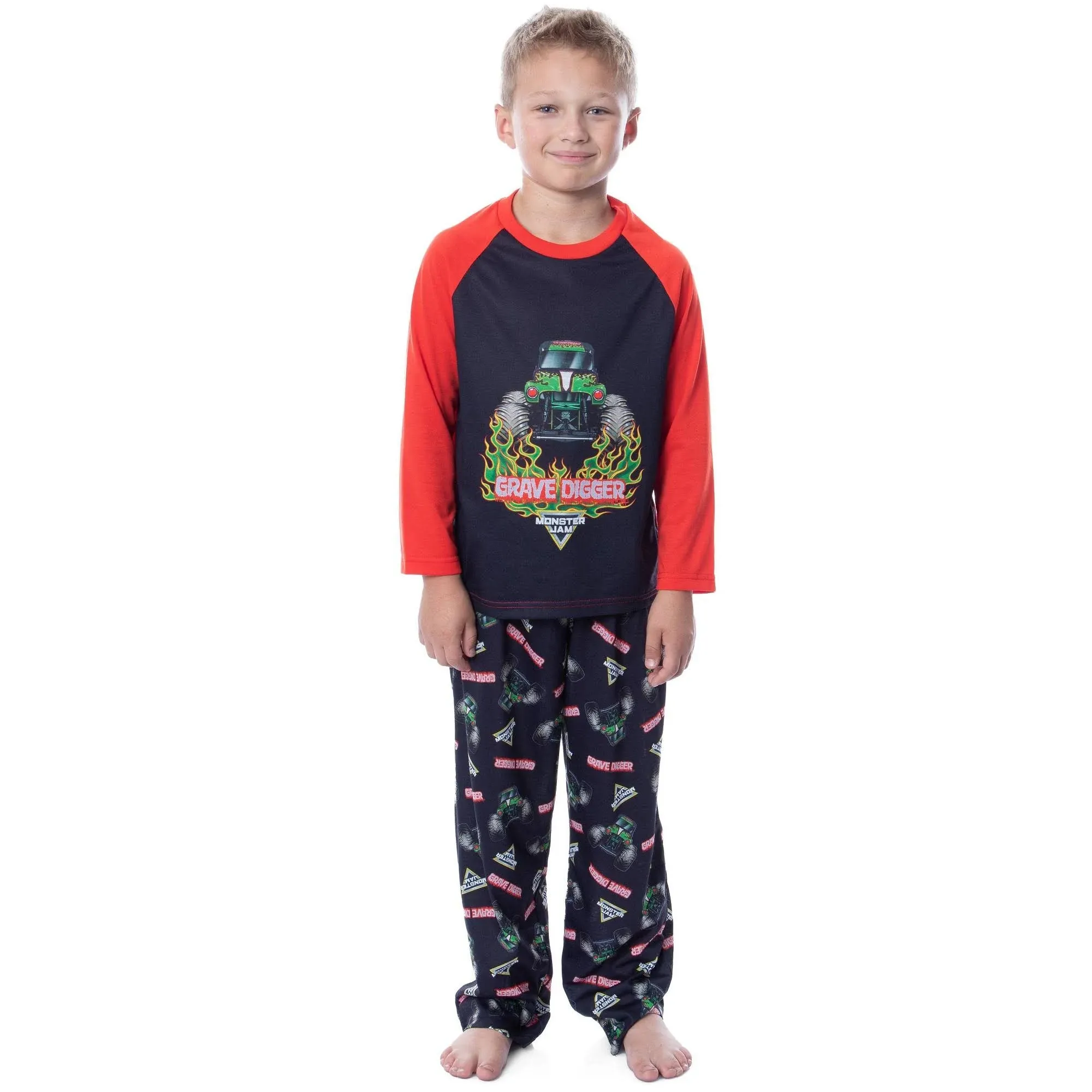 Monster Jam Boys' Grave Digger Raglan Sleep Pajama Set Shirt Pants