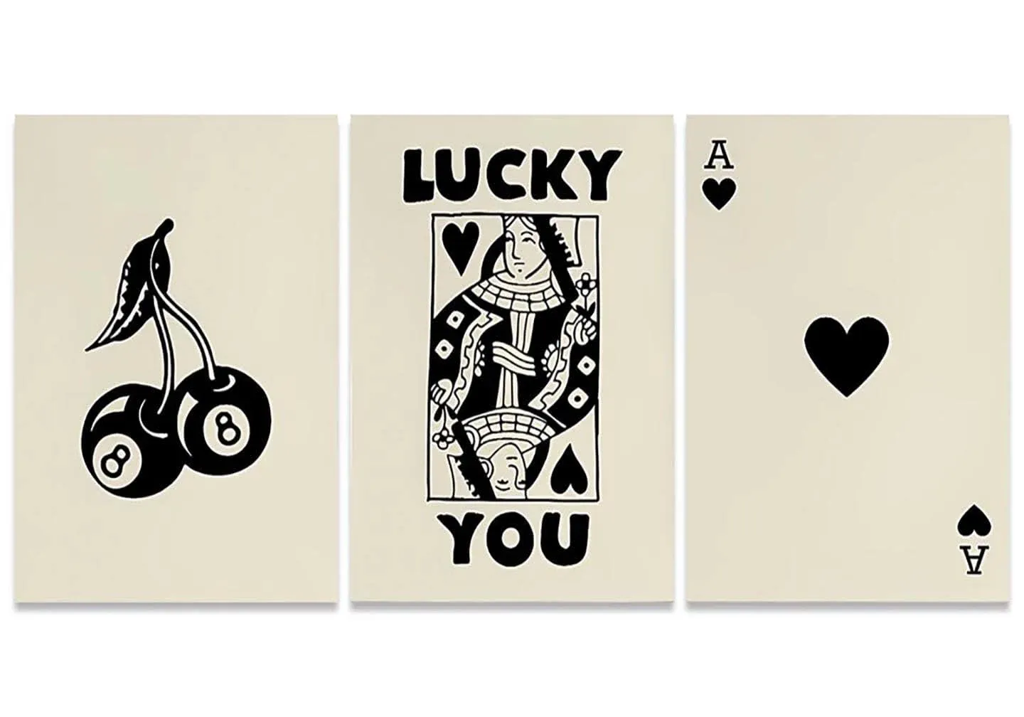 OPPQRRS 3 Pieces Funky Black White Lucky You Poker Poster- Vintage Girly Preppy Cherry Canvas Wall Art - Trendy Ace Of Hearts Playing Card Prints Decor For Teen Girl Bedroom Dorm 12x16in Unframed