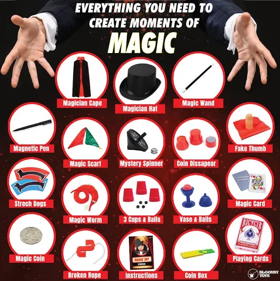 Bloonsy Magic Kit for Kids Magic Tricks Set for Kids Age 6 8 10 12 Magician Costume for Pretend Play with Easy to Follow Gui