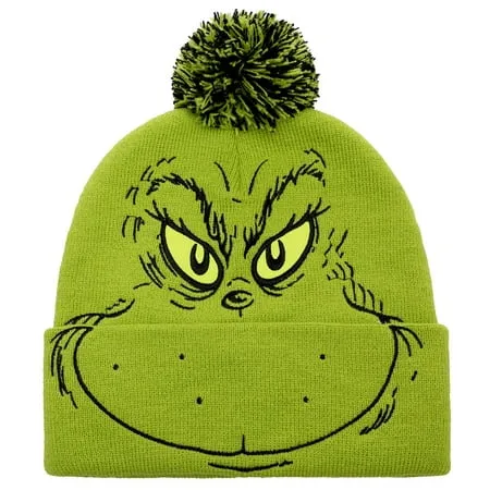 Bioworld Dr. Seuss The Grinch Who Stole Christmas Pom Beanie Hat Embroidered Character,Green,One Size