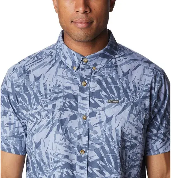 Columbia Mens Rapid Rivers Printed Short Sleeve Button Down Shirt Blue S