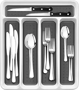 24-Piece Silverware Set, Flatware Set Mirror Polished, Dishwasher Safe Service for 4, Include Fork/Spoon with 5-Compartment Non Slip Silverware Drawer Organizer Box Tray