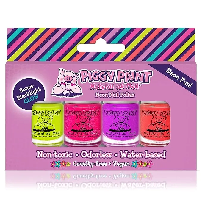 Piggy Paint 4 Polish Neon Box Set (Bonus: Blacklight Glow!)