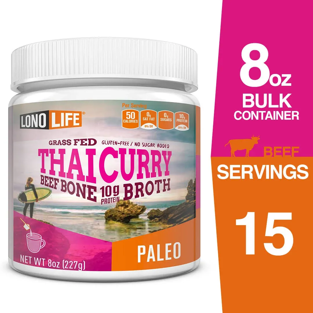 LonoLife Thai Curry Beef Bone Broth Powder with 10g Protein, 8-Ounce Bulk Container