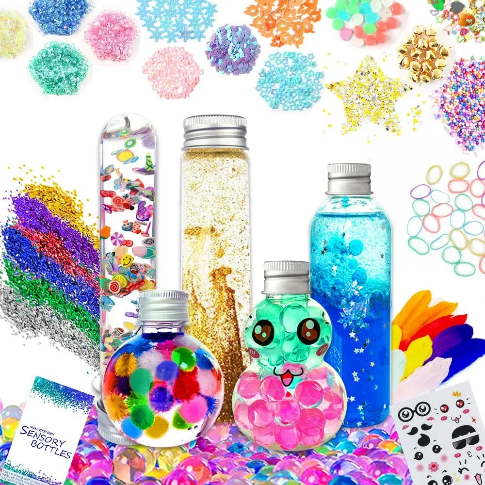 VMNlooking Sensory Bottles Kits for Calm Down Corner Supplies Sensory Toys for Toddlers1-3 Kids with Water Beads,Glitter, 5 Fun Shaped Containers (XL)