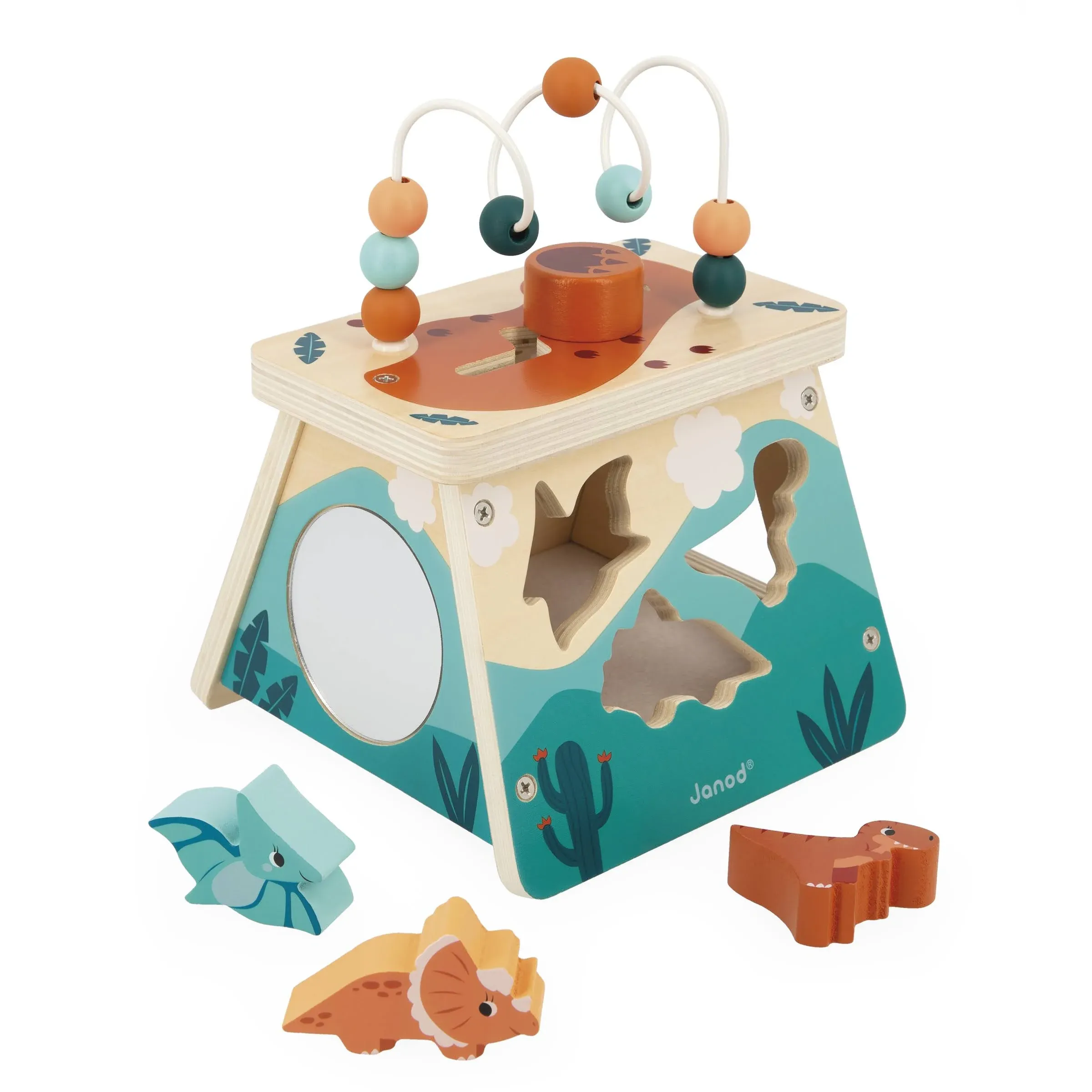 Janod Dino - Dinosaur Shape Sorter Wood Multi-Activity Volcano - 5 Activities in One - Ages 12 Months- 3 Years - J05827