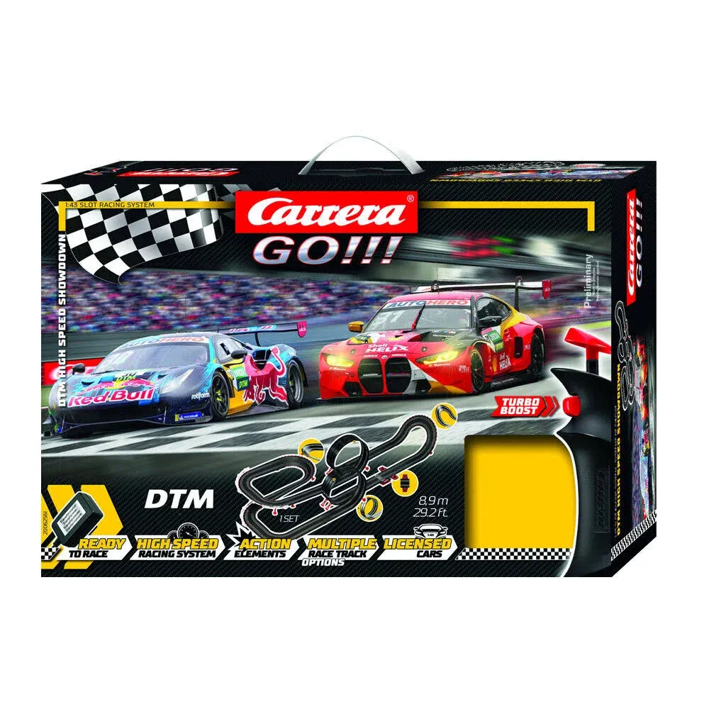 Carrera GO!!! Electric Powered Slot Car Racing Kids Toy Race Track Set 1:43 Scale, DTM High Speed Showdown