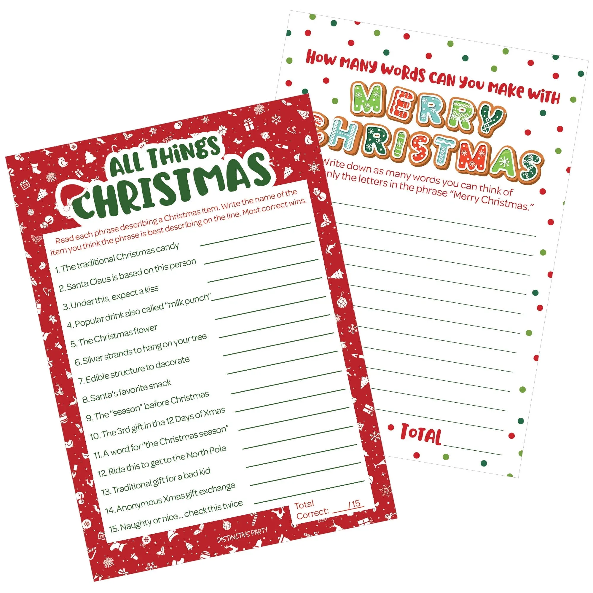 DISTINCTIVS Christmas Party Games, (2 Game Bundle) - All Things Christmas Trivia Game and Merry Christmas Anagram Word Game - 25 Dual Sided Cards