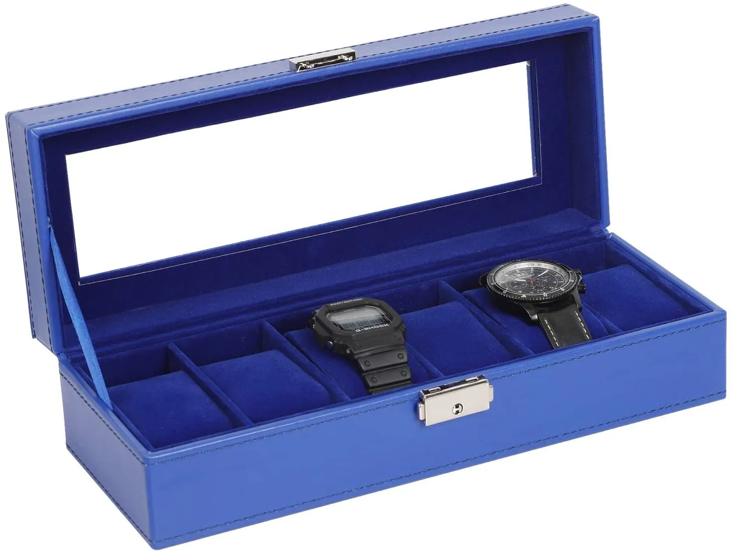 Watch Box 6 Slot Case Real Glass Organizer Watch Case with Removable Watch Pillow, Synthetic Leather Watch Display, Blue