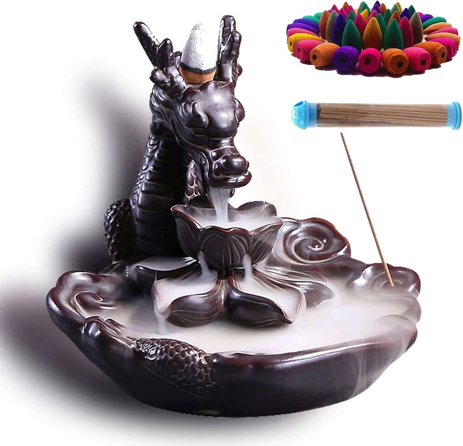 YIENENG Dragon Incense Waterfall Burner Ceramic Backflow Incense Holder Set with Incense Cones and Incense Sticks