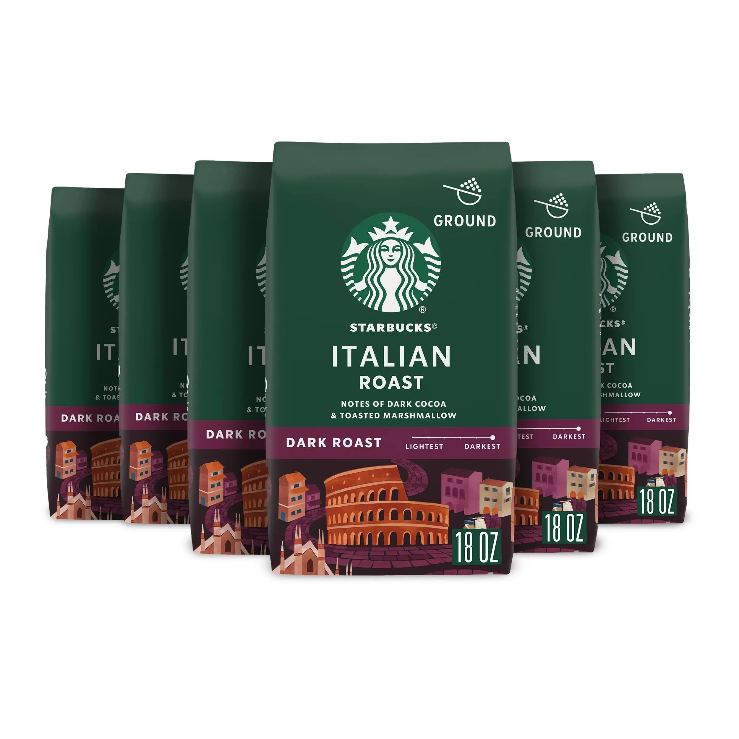 Starbucks Ground Coffee, Dark Roast Coffee, Italian Roast, 100% Arabica, 6 Bags (18 oz Each)