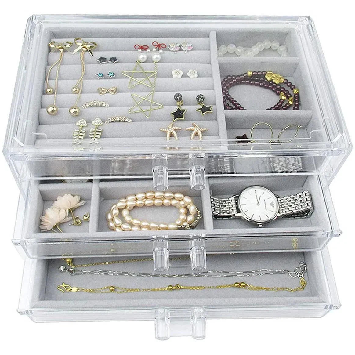 Acrylic Jewelry Box 3 Drawers, Velvet Jewellery Organizer, Earring Rings ...