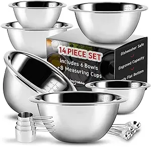 JOYTABLE 14 Piece Mixing Bowls With Measuring Cups And Spoons Set - Premium Stainless Steel Mixing Bowls Set - Nesting & Stable Metal Mixing Bowls Great For Kitchen, Baking, Cooking, Or Prep