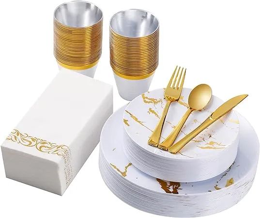 Goodluck 175PCS White and Gold Plastic Dinnerware Set for 25 Guests, Disposable Plates for Party, Include: 25 Dinner Plates, 25 Dessert Plates, 25 Paper Napkins, 25 Cups, 25 Plastic Silverware Set