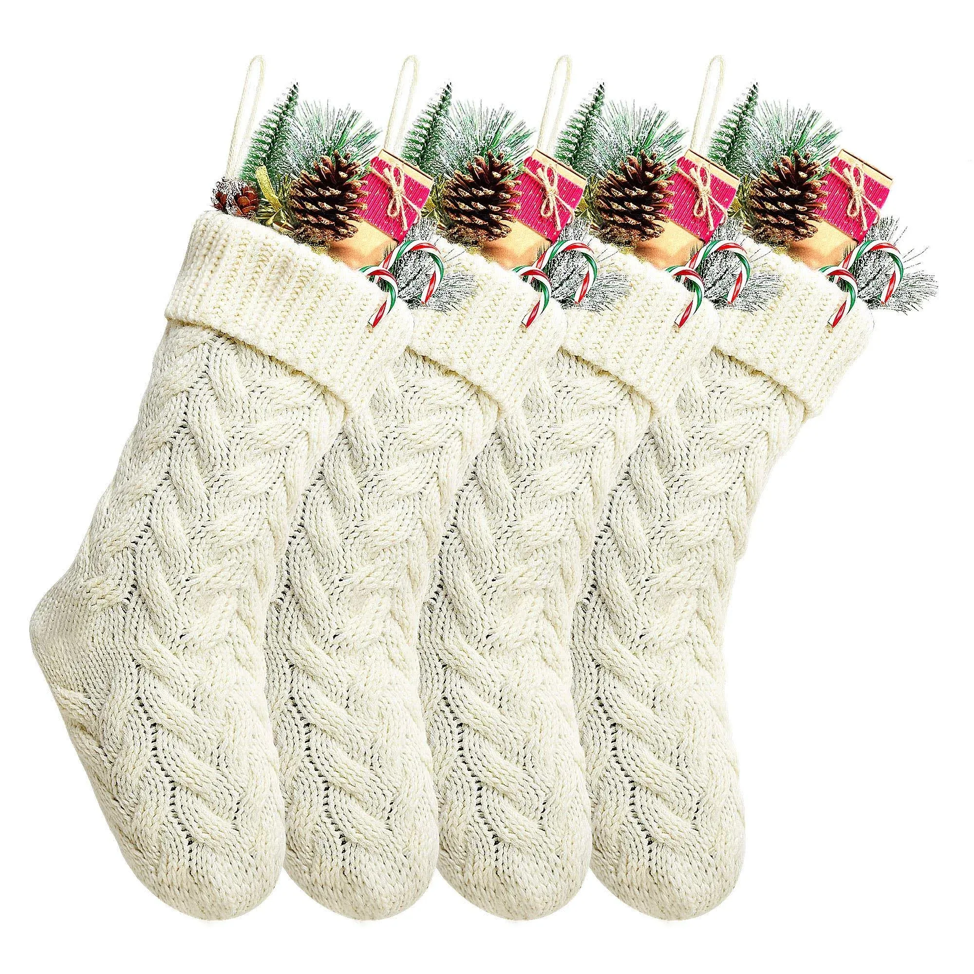 Kunyida Pack 4,18" Unique Ivory White Knit Christmas Stockings Style3