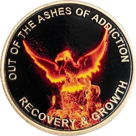 RecoveryChip Out of The Ashes of Addiction Color Phoenix Rising from Flames Sobriety Medallion