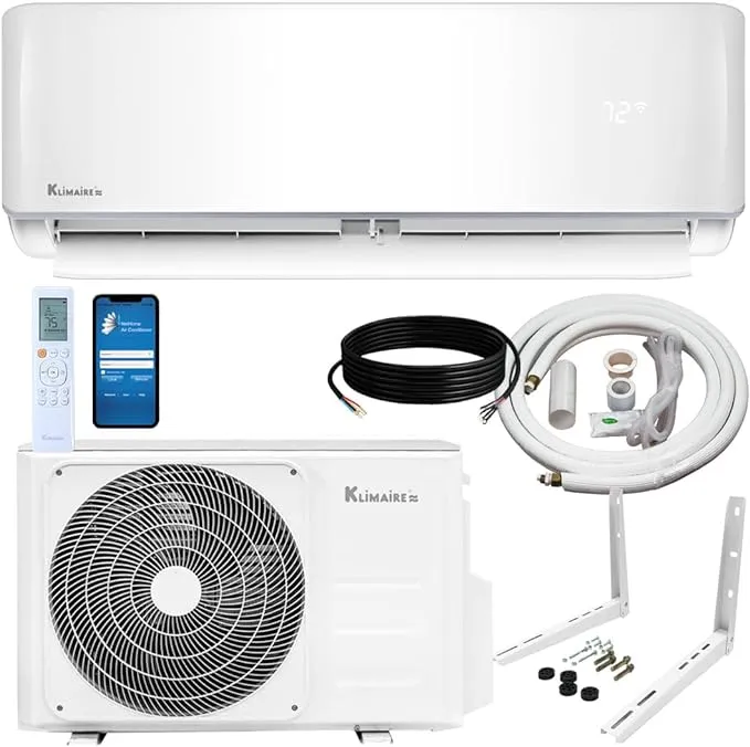 Klimaire 12,000 BTU 20.8 SEER2 Ductless Mini-Split Inverter Air Conditioner Heat Pump System with 15-ft Installation Kit Wall Bracket 115V