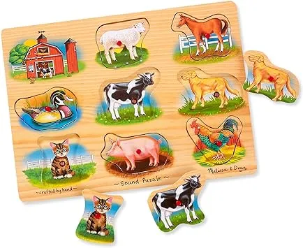 Melissa & Doug Farm Sound Puzzle - Wooden Peg Puzzle With Sound Effects (9 pcs)