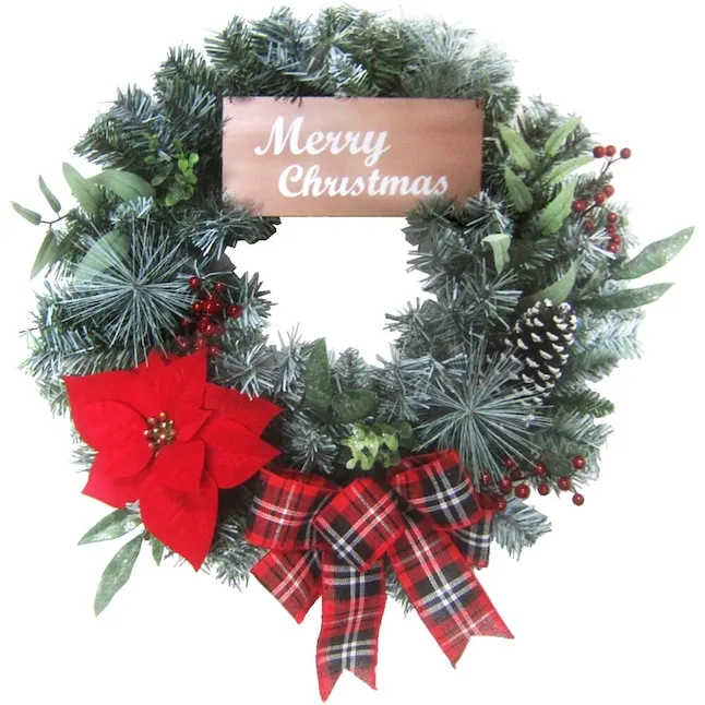 24" Christmas Wreath With a Poinsettia Bloom, Bow, and Merry Christmas Sign - Wreaths And Garlands - by Almo Fulfillment Services | Houzz