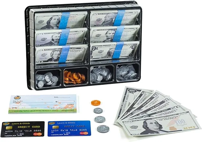 Learn & Climb Play Money Set for Kids, Fake Money for Pretend Play – Looks Real, Best Toy Money for Play and Learning – Kit Includes