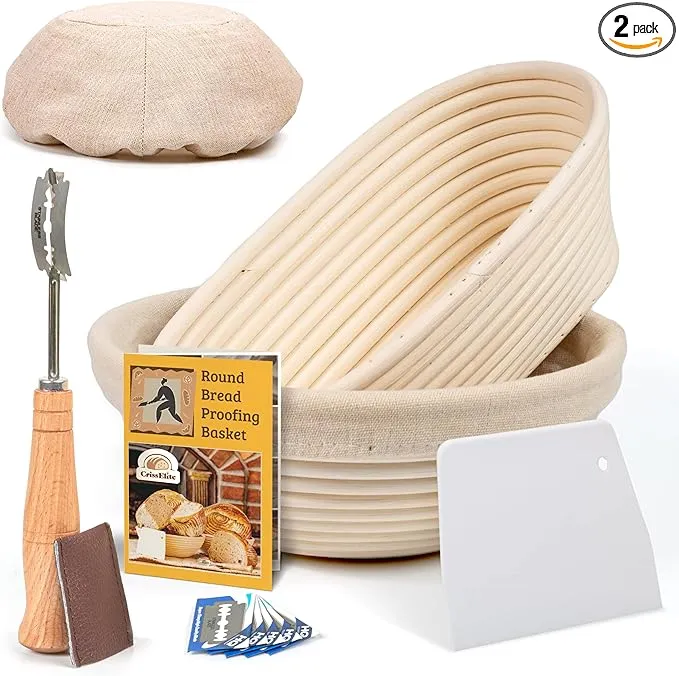 Bread Banneton Proofing Basket Set, 9" Round & 10" Oval, Sourdough Bread Baking Supplies Starter Kit, Bread Making Tools, Bread Basket Gift Set, by Criss EliteBread Banneton Proofing Basket Set, 9" Round & 10" Oval, Sourdough Bread Baking Supplies Starte