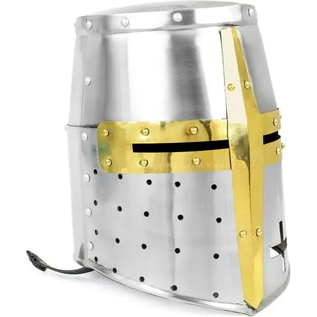 Medieval Templar Crusader Knight Armor Helmet with Wooden Stand | Greek Roman Spartan Armour | Silver Gold Helm A+ | Wearable for Adult Costumes