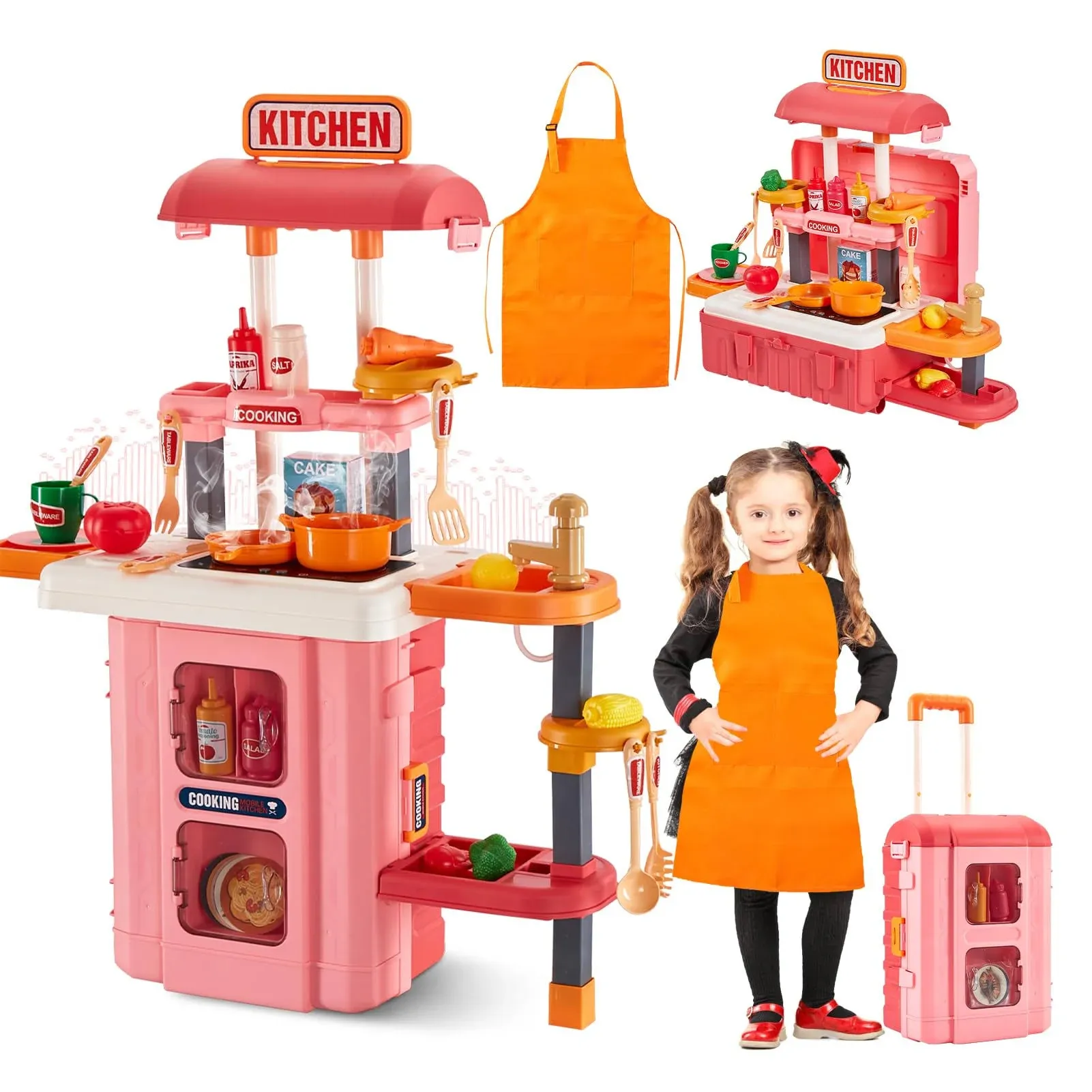 3 in 1 Play Kitchen for Toddlers-GEIYATOI,Kids Kitchen Playset with Travel Suitcase, 50 PCS Toy Kitchen Set,Realistic Cooking Accessories,Sounds,Light,Running Water,Great Kitchen Set for Toddlers