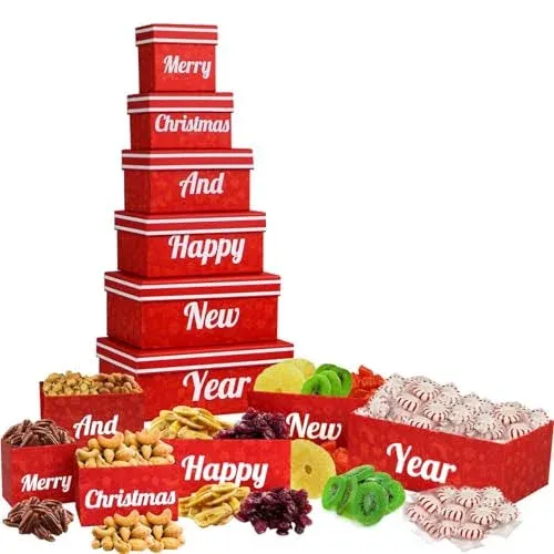 Merry Christmas and Happy New Year Gift Basket Tower, with Dried Fruits &amp; Nuts G