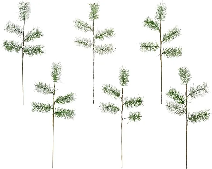 AuldHome Flocked Evergreen Greenery Picks (6-Pack); Snow Frosted Christmas Decor ...