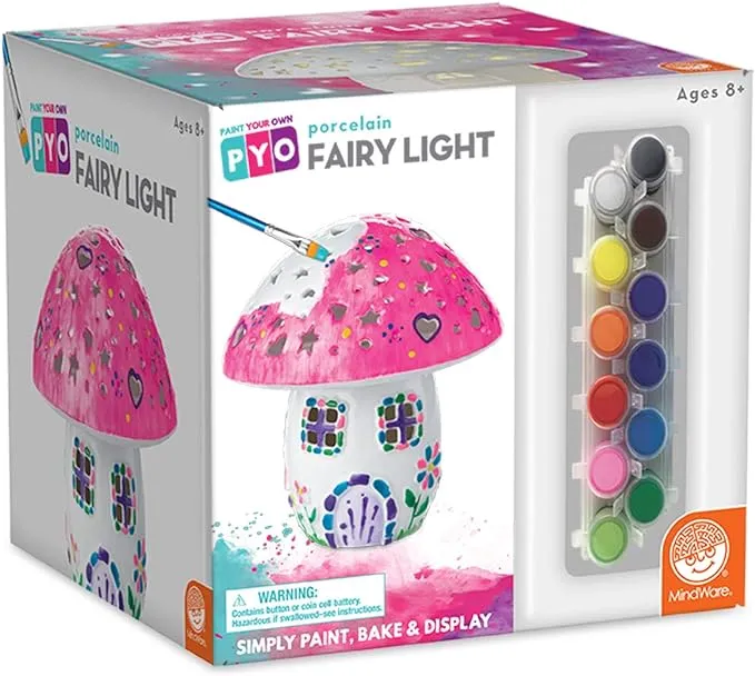 MindWare Paint Your Own Fairy Mushroom House Light - Craft Kit Includes 2 Tea Lights, Paint, Brushes and Instruction Guide