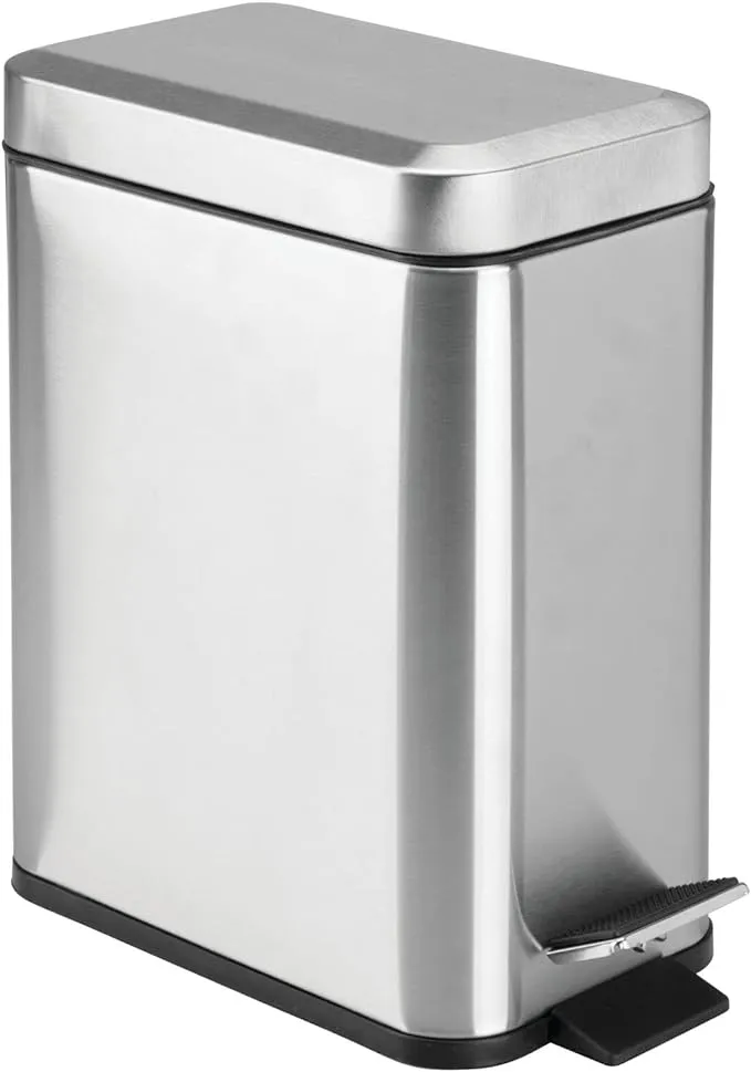 mDesign Small Modern 1.3 Gallon Rectangle Metal Lidded Step Trash Can, Compact Garbage Bin with Removable Liner Bucket and Handle for Bathroom, Kitchen, Craft Room, Office, Garage - Brushed Chrome