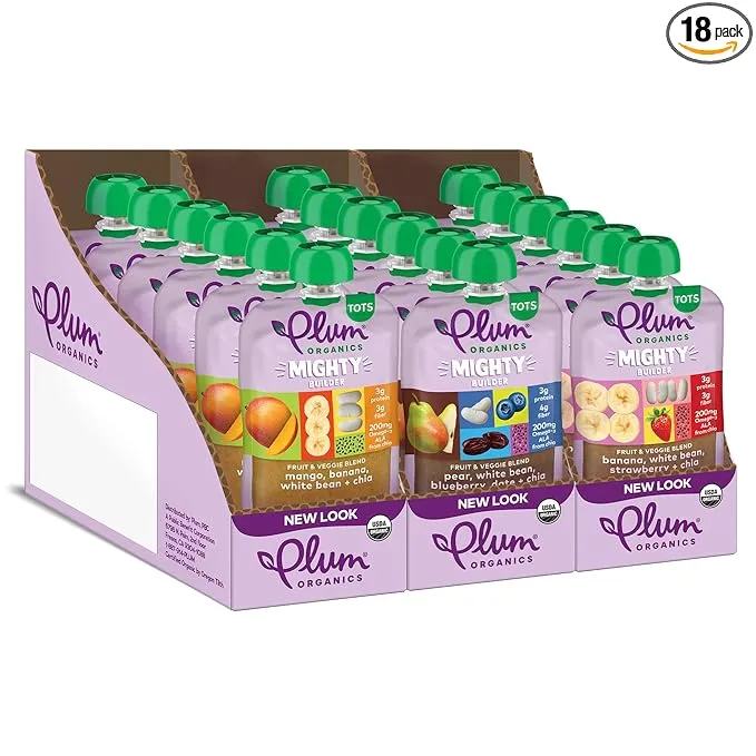 Plum Organics Mighty Protein & Fiber Organic Baby Food Meals [12+ Months] Variety Pack, 4 Ounce (Pack of 18) Packaging May Vary