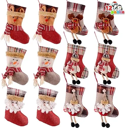 JOYIN 12 Pcs Mini Christmas Stockings 3D Bulk Xmas Stockings Santa Snowman Reindeer Burlap Stockings for Present Holders Treat Bags Christmas Tree Decoration Xmas Party Decors