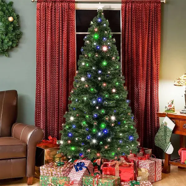 Best Choice Products Pre-Lit Fiber Optic Artificial Christmas Pine Tree with 280 ...