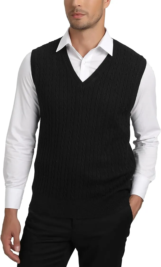 Kallspin Men’s Wool Blended Cable Knit Sweater Vest V Neck Relaxed Fit Sleeveless Pullovers