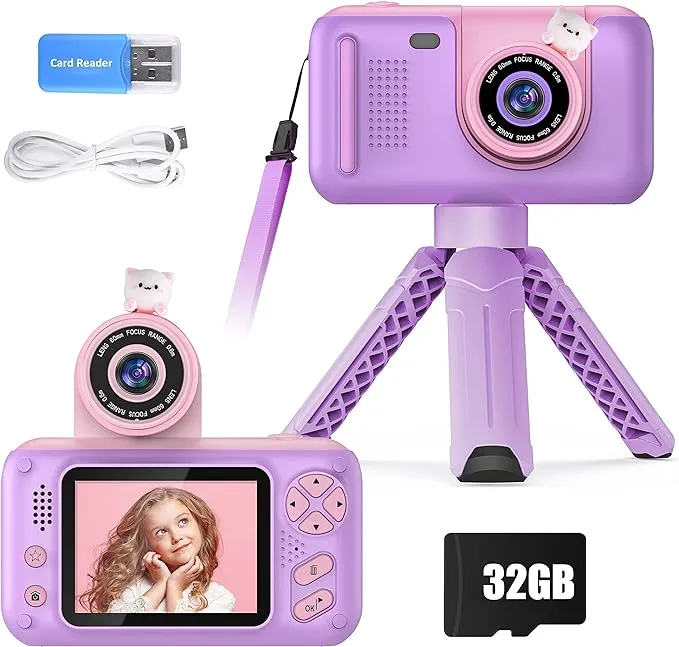 Upgraded Real 1080P Kids Camera with Flip-up Lens for Selfie & Video, 32GB SD Card Included, 2.4" Screen Camera Toy for 4-12 Years Old Girls Boys on Birthday Party as Gift, Pink