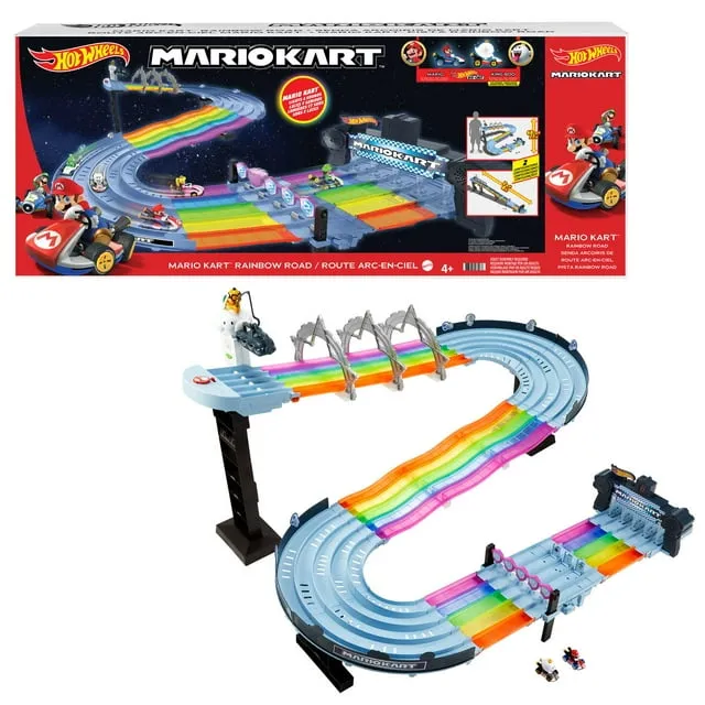 Hot Wheels Mario Kart Rainbow Road Raceway 8-Foot Track Set with Lights & Sounds & 2 1:64 Scale Vehicles, Race with 5-Track Colorful Course with 2 Configurations, Toy Gift for Kids