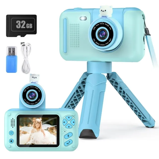 PURULU Upgrade HD Kids Camera with Flip-up Lens for Selfie & Video, HD Digital Video Camera with 32GB SD Card, 2.4" Screen Portable Camera Toy for 4-12 Years Old Girls Boys on Birthday Party as Gift