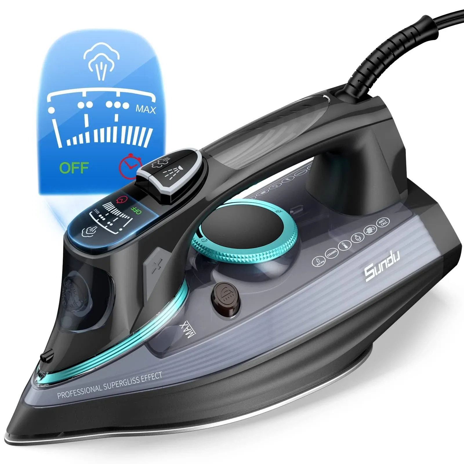 NEW Sundu 1700-Watt Steam Iron with Digital LED Screen, Ceramic Coated Soleplate